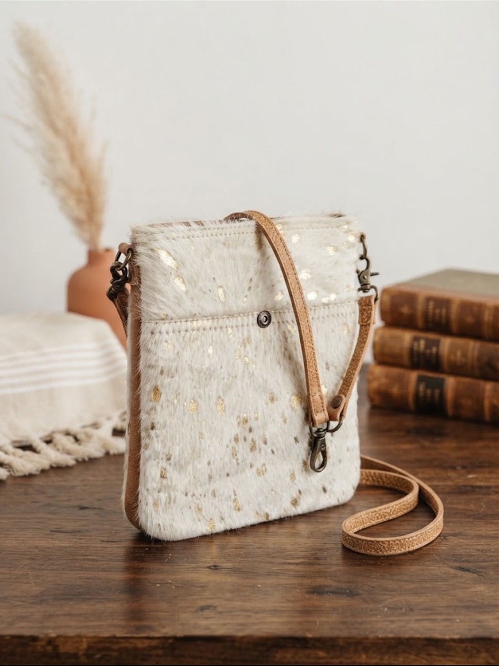 $89 NWOT Myra hair on hide cowhide leather fur western bag gold fleck crossbody